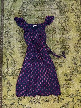 LOFT Navy Midi Dress with Pink Print